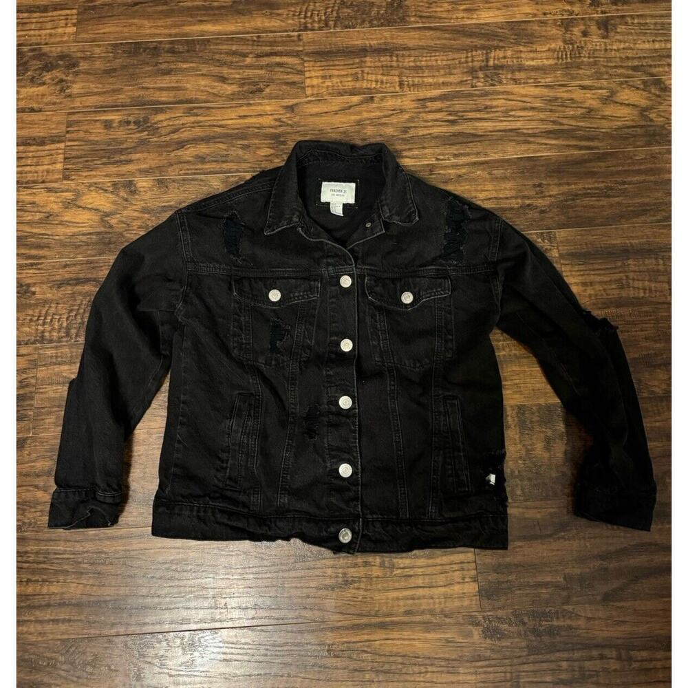 Forever 21 Distressed Black Denim Jacket Short Long Sleeve Sz:small